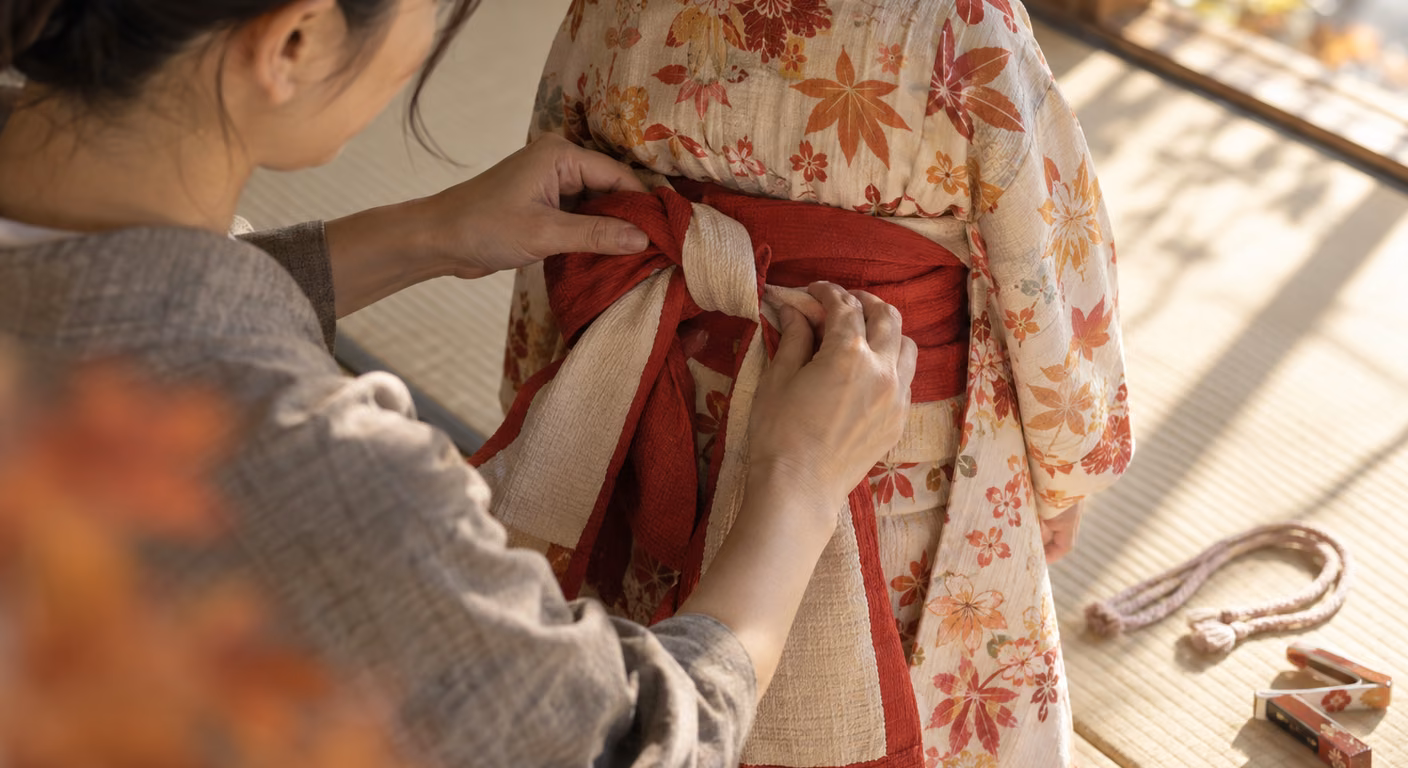 紅葉柄の生成りの着物を着た子どもの背中で、大人の両手が赤と生成りの兵児帯のひと結びを締めていて、畳の上に組紐と着付けの留め具が置かれている