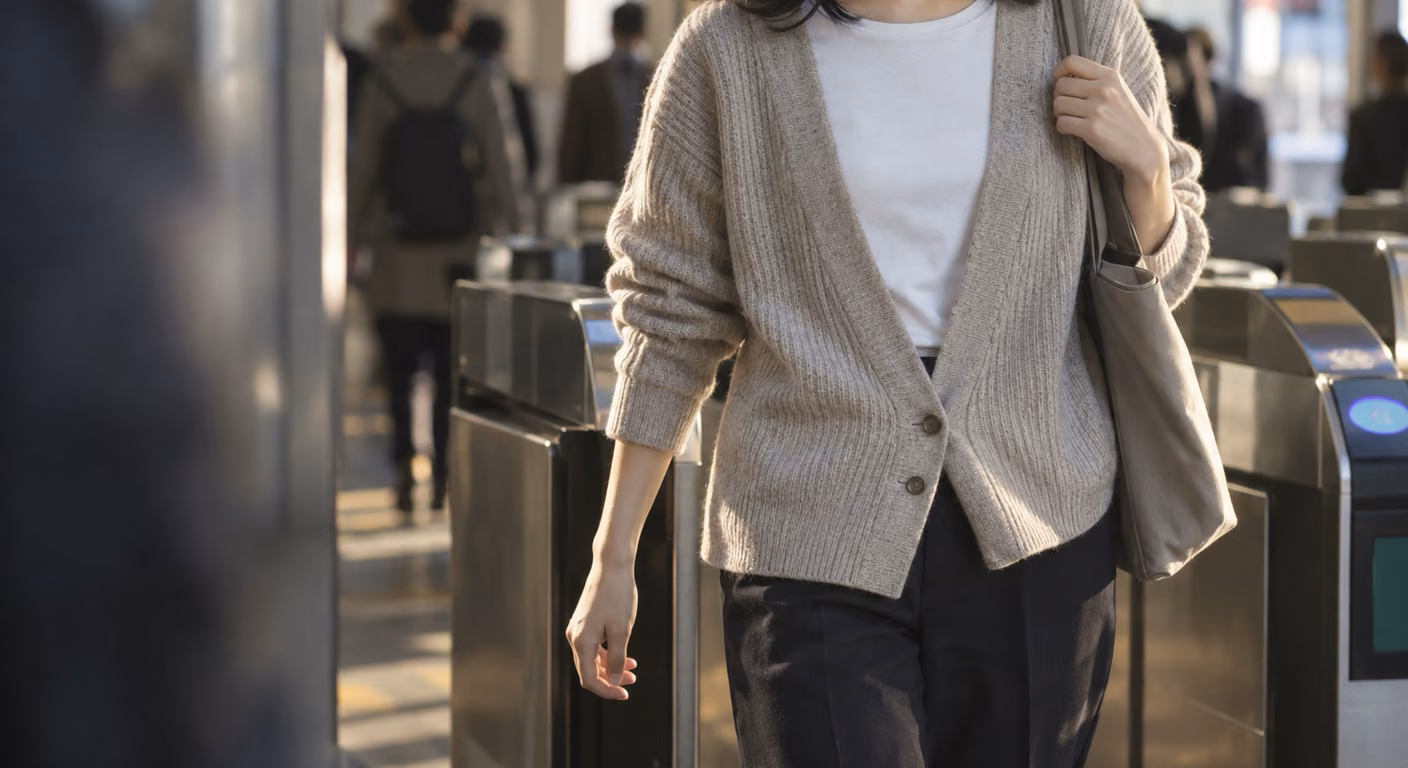 改札を出て歩く女性の、オートミール色のリブ編みカーディガンを下の2つだけ留めて白いTシャツと黒いパンツに重ねた鎖骨から膝まで
