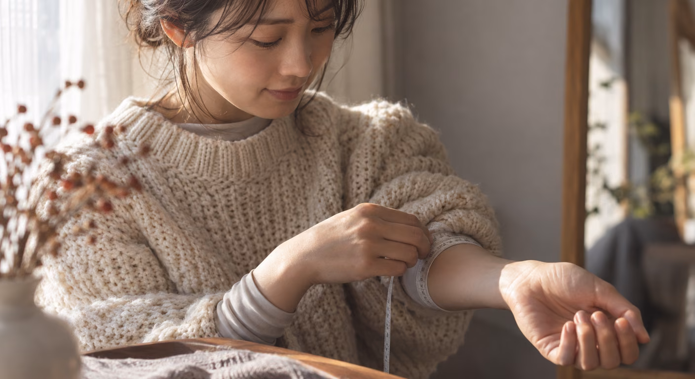 厚手の生成りのニットの袖を肘まで押し上げ、下に着た薄手の長袖をのぞかせて、布のメジャーを腕に当てている女性