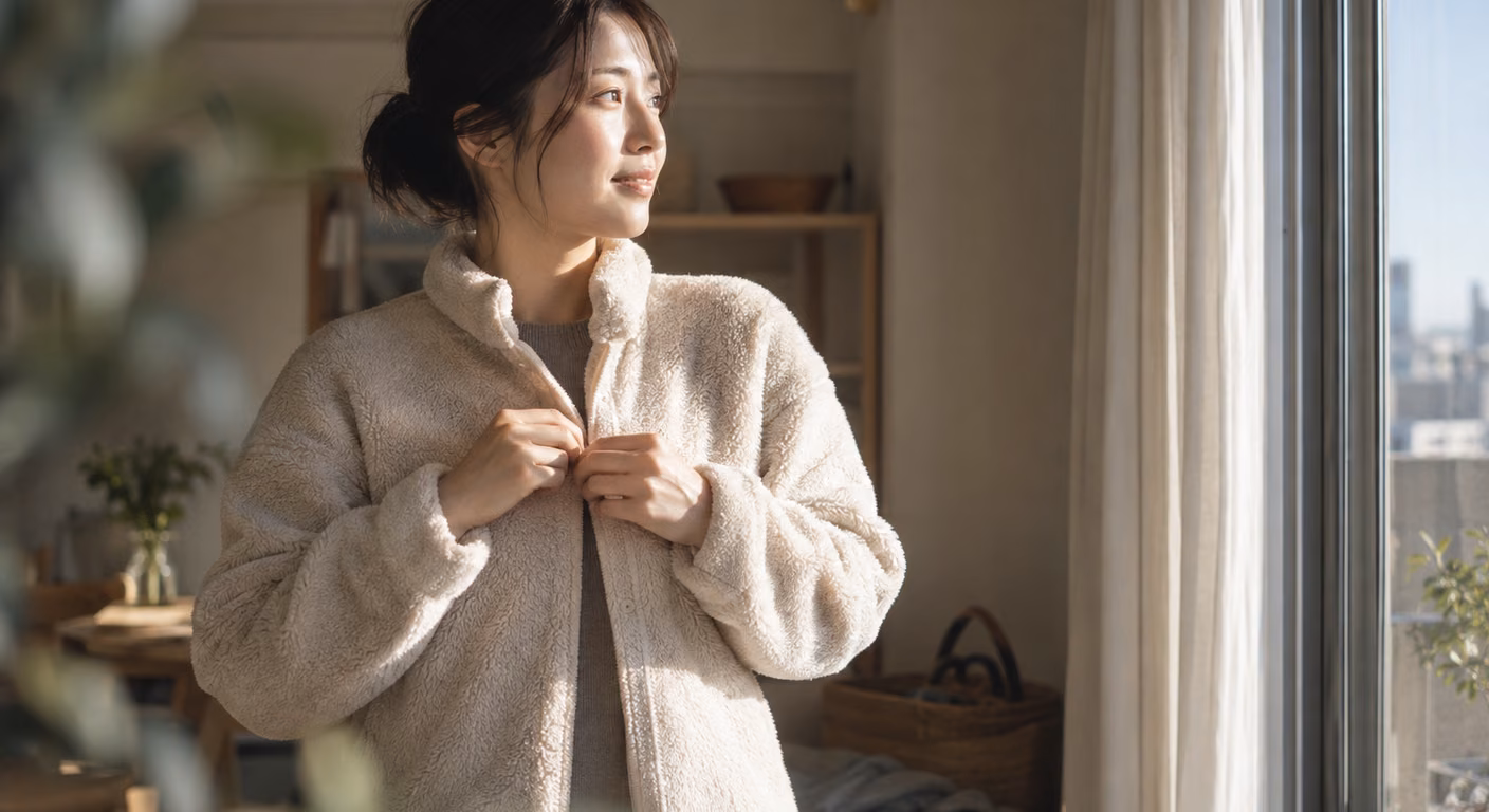 毛足の短い生成りのボアジャケットを着た女性が、窓辺で上着の前を留めながら横を向いている上半身の姿