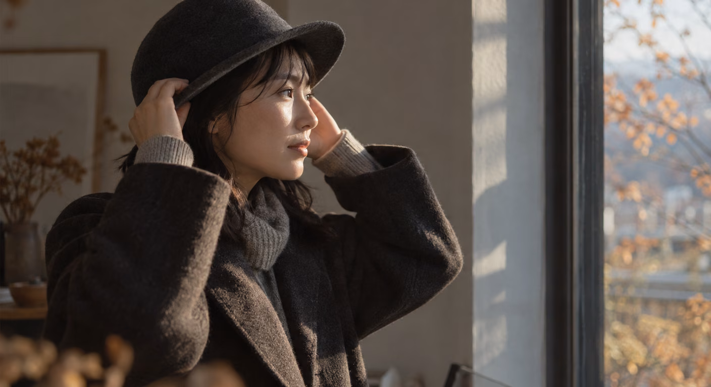 窓辺で丸い山のフェルト帽を両手で浅くかぶり直している、ウールのコートを着た女性の横顔