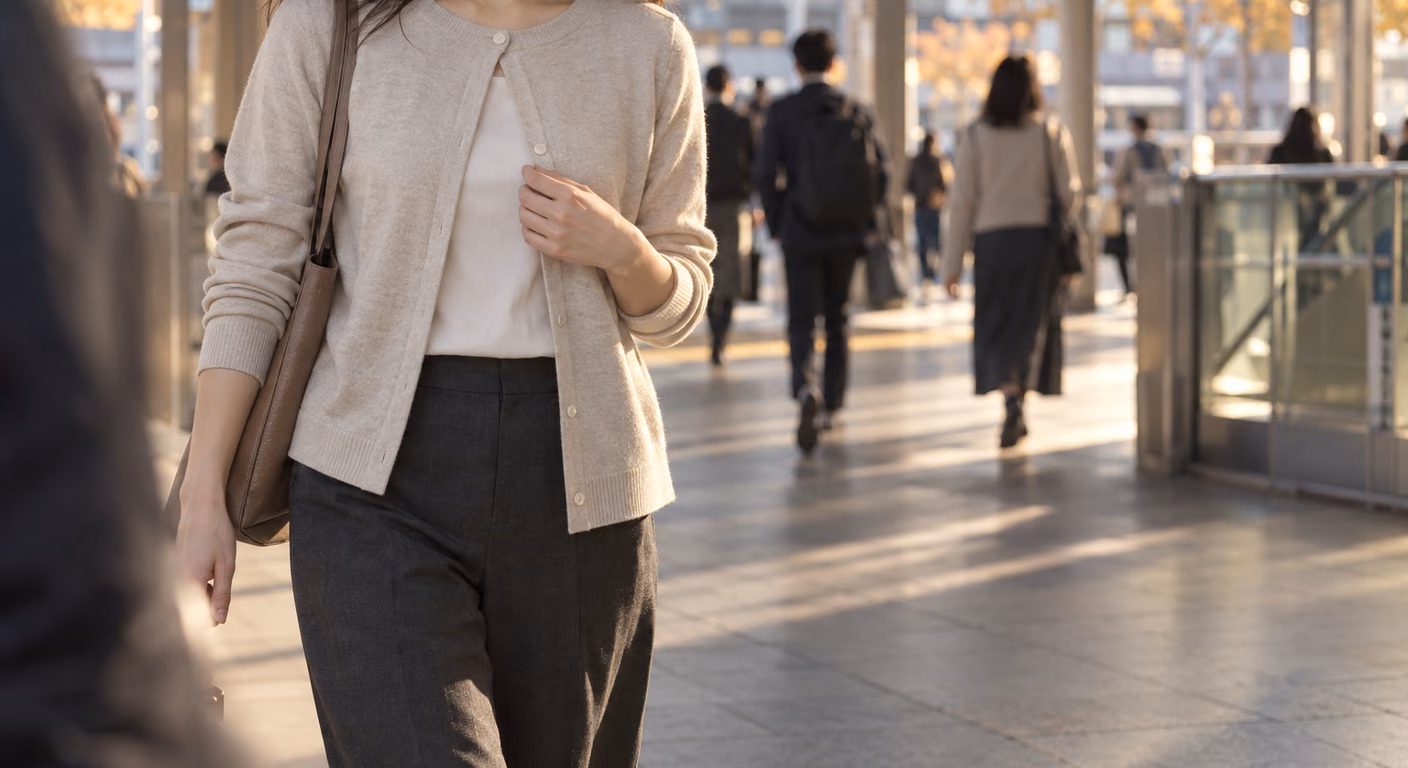 駅の通路を歩きながら、細かい編みの丸首カーディガンの前を片手で合わせる女性の、鎖骨から膝までの姿