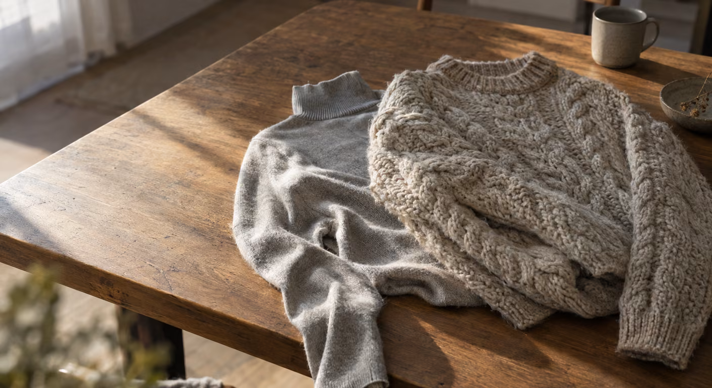 厚手のケーブル編みと薄手のハイネックのニットが木の机の上で重なり、袖が一本机の端から垂れている