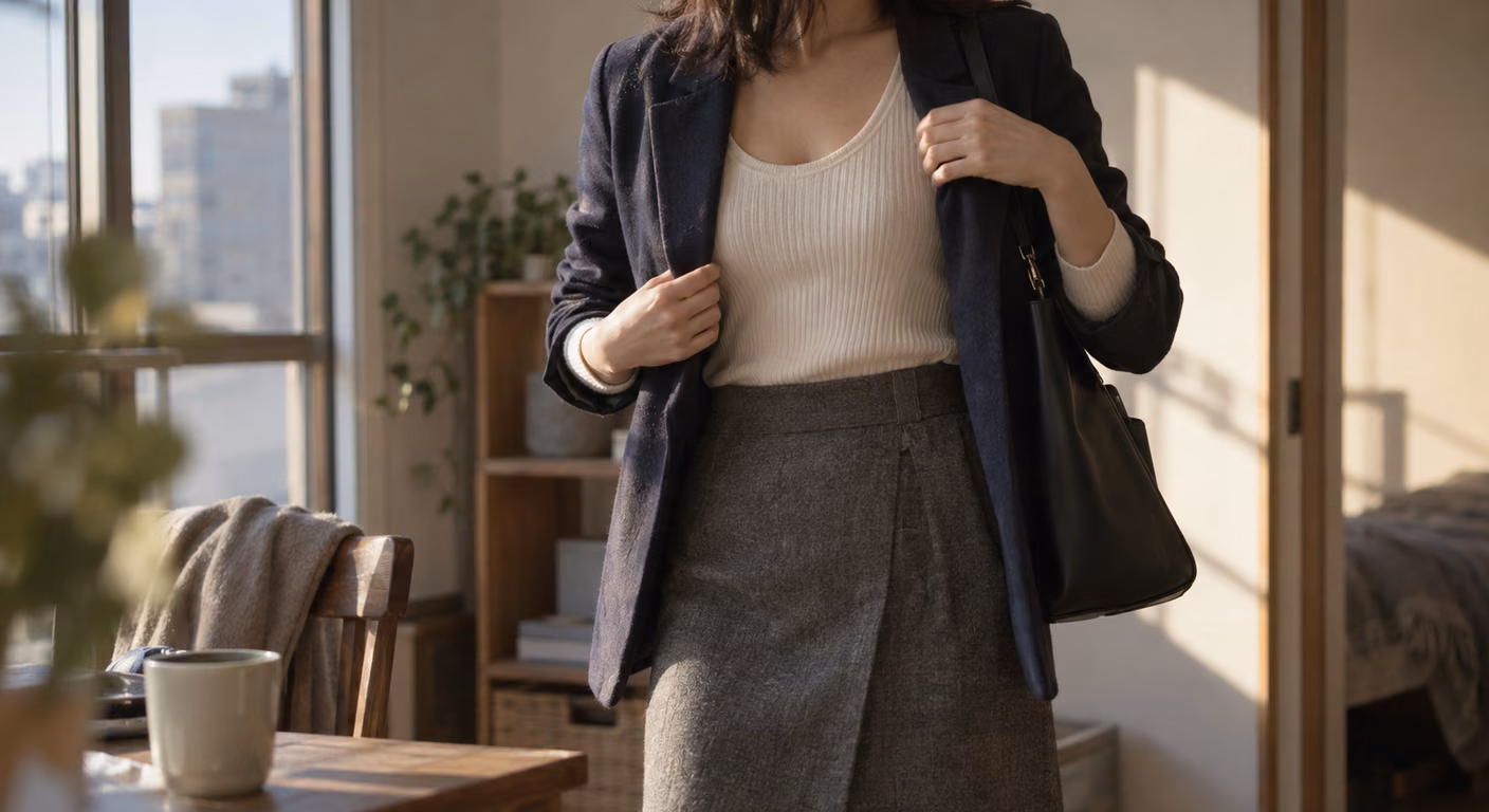 深く丸く開いたUネックの生成りのニットに紺のジャケットを羽織った女性の鎖骨から胸元