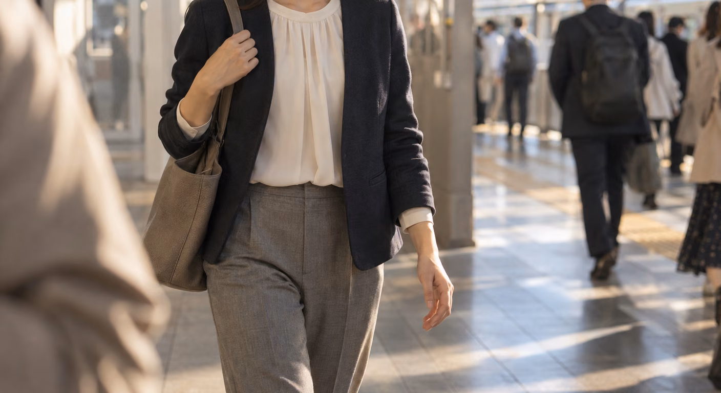 柔らかな丸い襟の生成りのブラウスに、張りのある紺のジャケットとグレーのまっすぐなパンツを合わせた女性の、鎖骨から膝までの姿