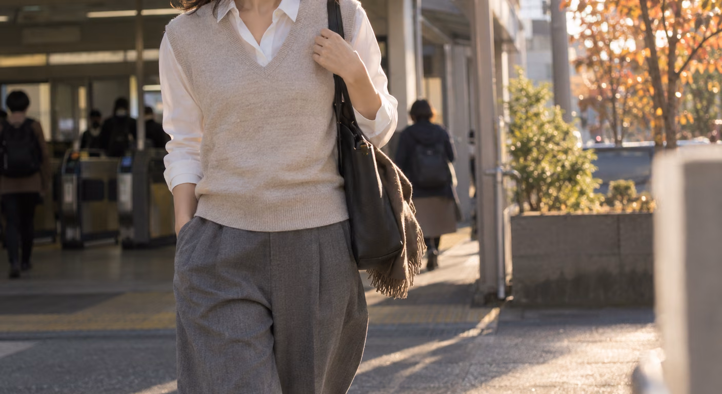 白いシャツの上にVネックのニットベストを重ね、裾を腰骨の高さで止めた女性の、鎖骨から膝までの着こなし