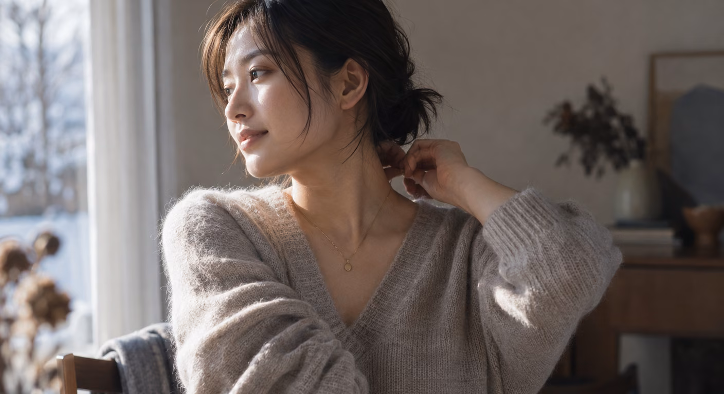 Vネックのニットを着た女性が、鎖骨の下に細いV字で落ちる金色のペンダントの留め具を首の後ろで留めている上半身
