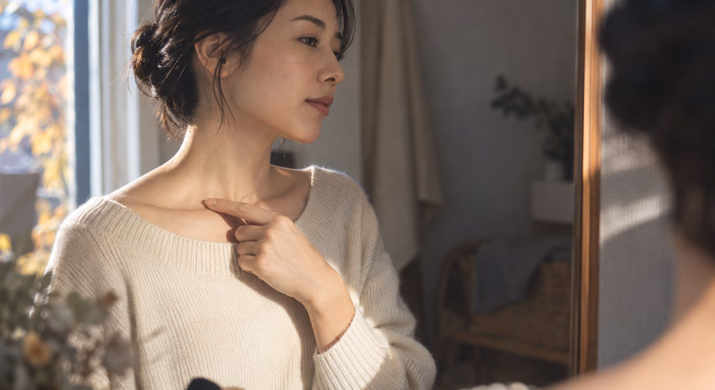 生成りのボートネックのニットを着た女性が、秋の光が入る部屋で鏡に向かい、指先を鎖骨に当てて確かめている