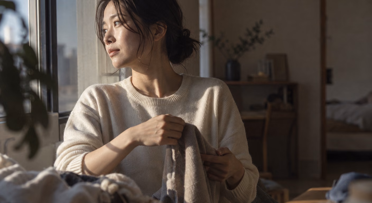 窓辺で生成りの薄手ニットの襟ぐりを鎖骨の位置に整えている女性。首元から鎖骨のあたりに斜めの光が落ちている