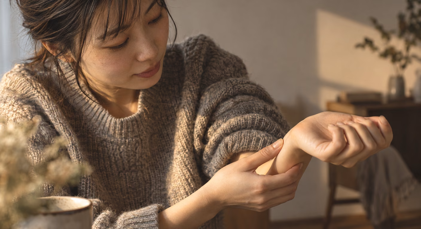 厚手のニットの袖をまくった手首の外側の骨を、もう一方の指先でつまんで確かめている手元