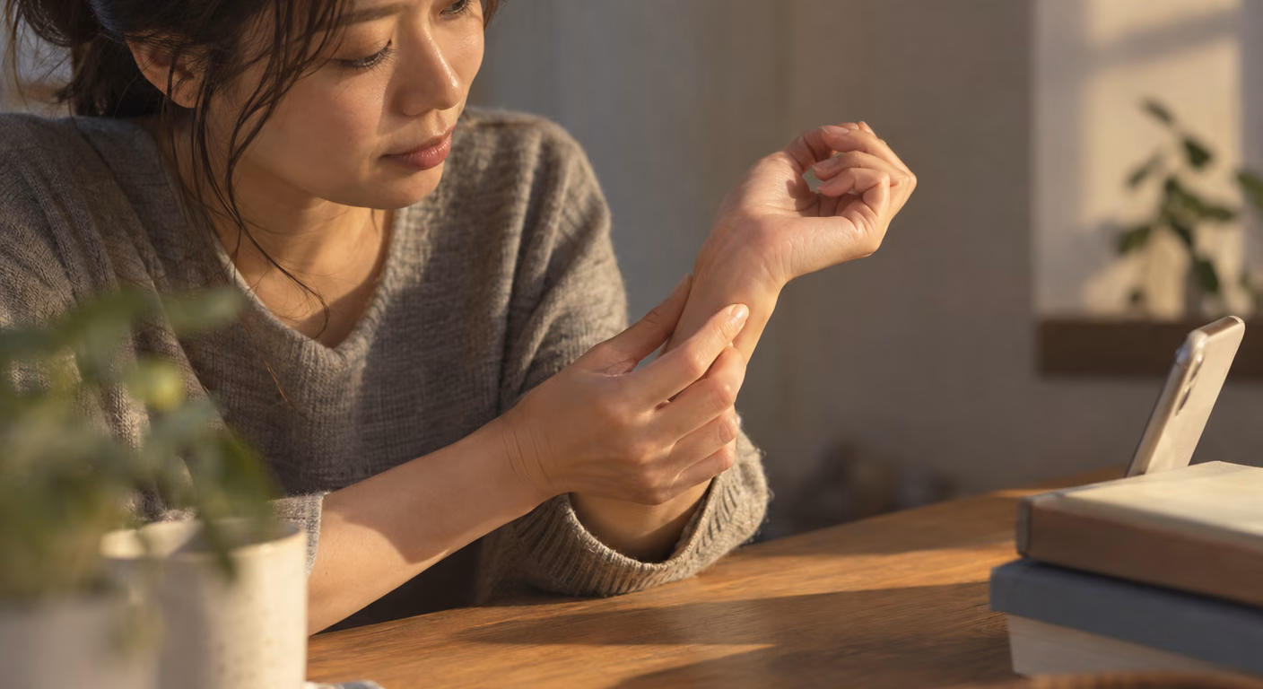 木の机に向かう女性が、片手の親指と中指で反対の手首を軽く囲み、手首の骨の形を確かめている