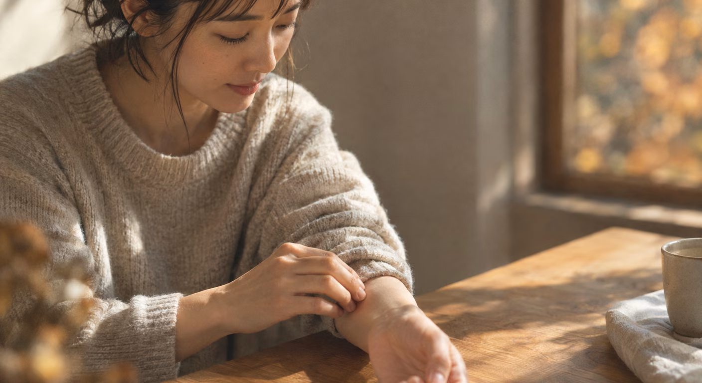 片手の親指と中指で反対の手首を囲み、手首の骨の形を確かめている女性の手元