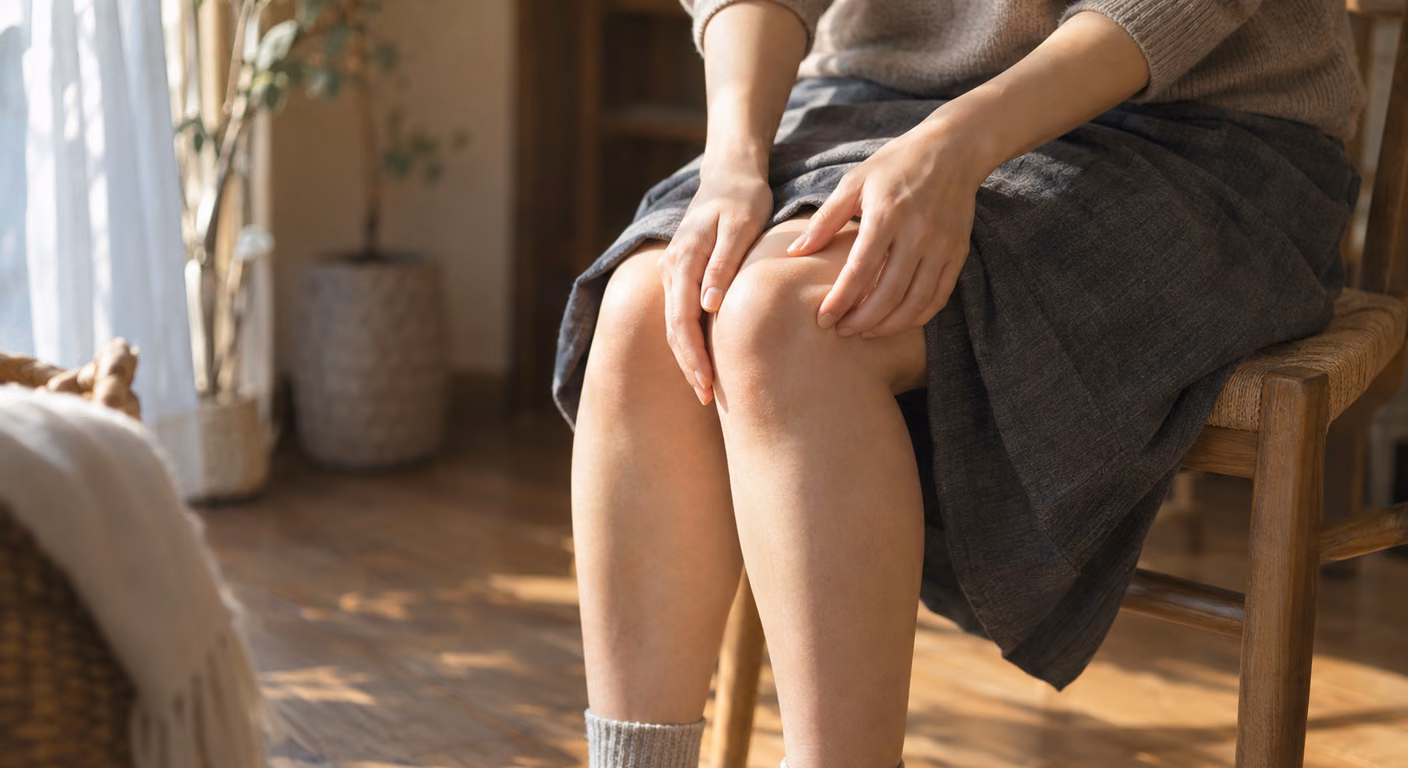 椅子に座って膝を90度に曲げ、片方の膝の皿に手を当てて輪郭を確かめている