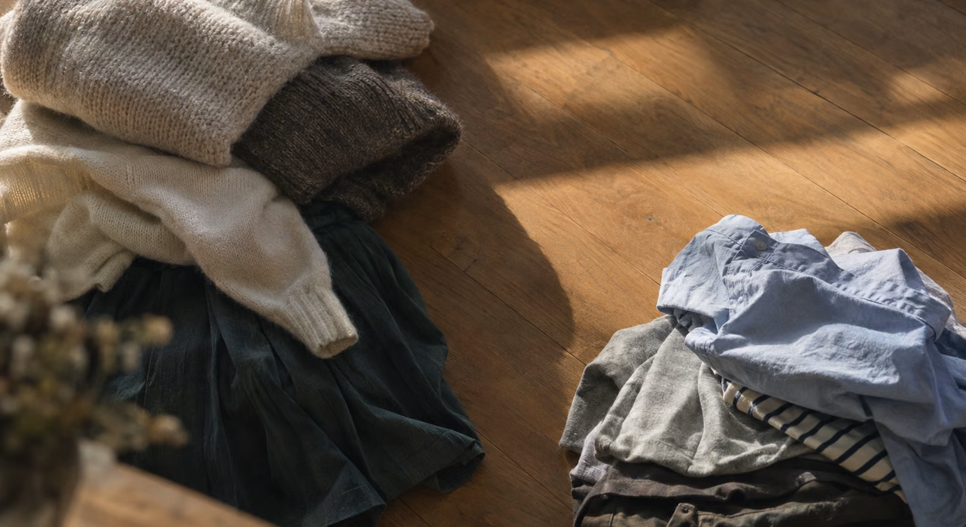 木の床の上に、着なくなったニットとよく着るシャツやパンツが二つの山に分けて置かれている