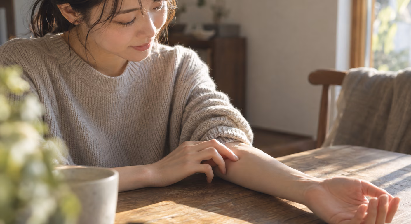 朝の窓の光の下、木の机に置いた腕の手首の骨に、反対の手の指先をそっと当てている