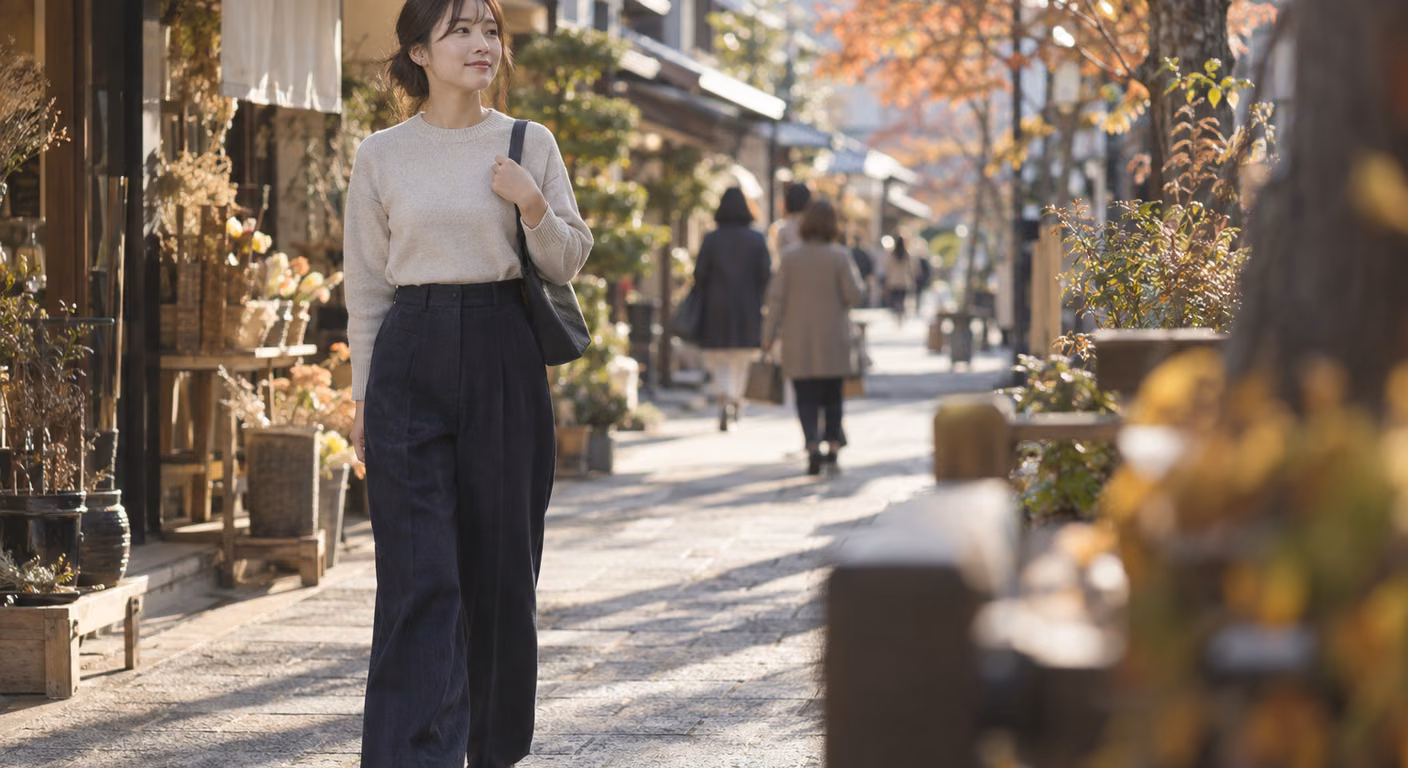 短めのニットを高いウエストのワイドパンツに入れ、甲の隠れる同じ色の靴を合わせた小柄な女性が商店街を歩いている