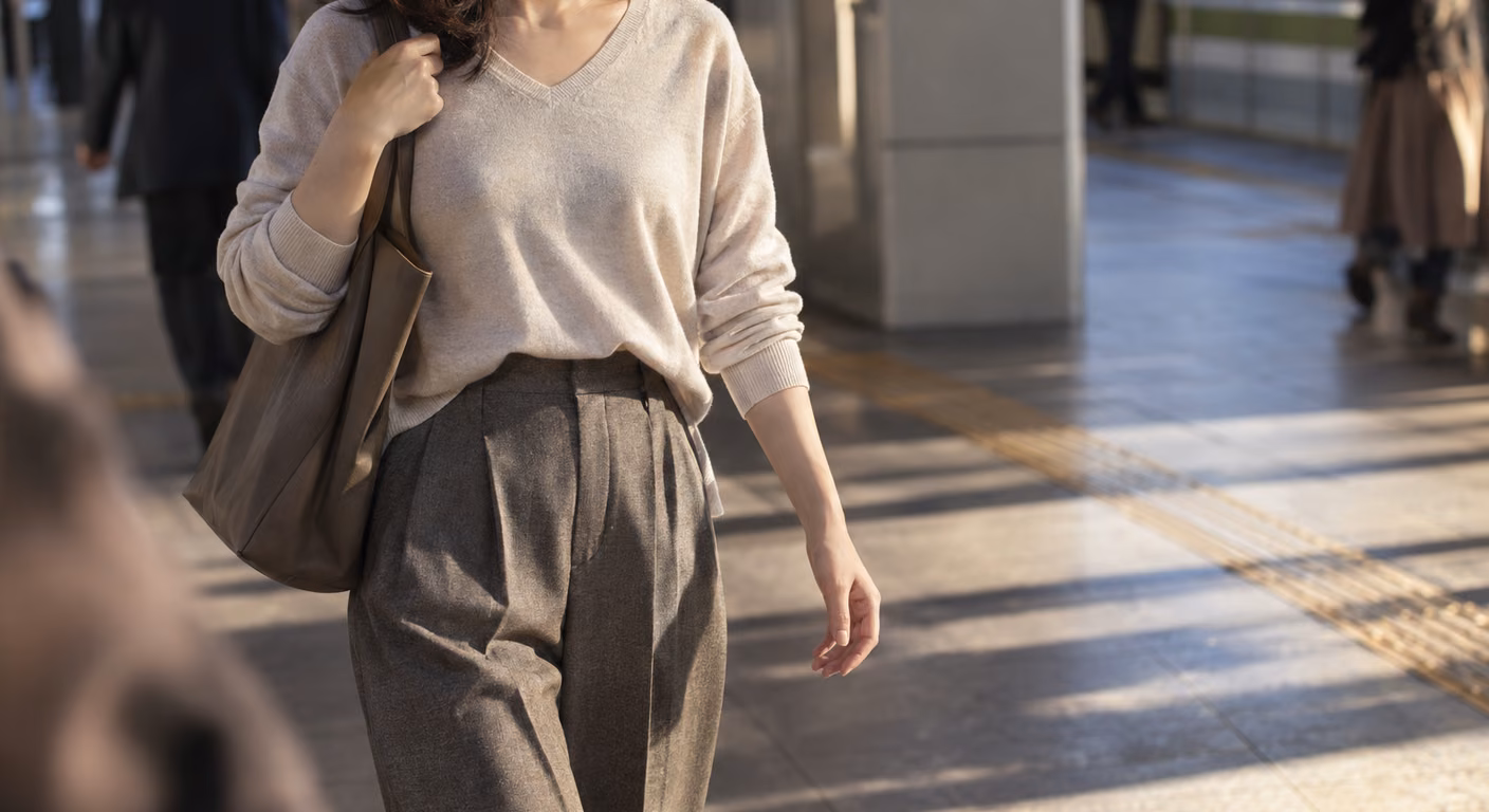 細かい編みの浅いVネックのニットの前だけをワイドパンツに入れた女性の、鎖骨から膝までの着こなし