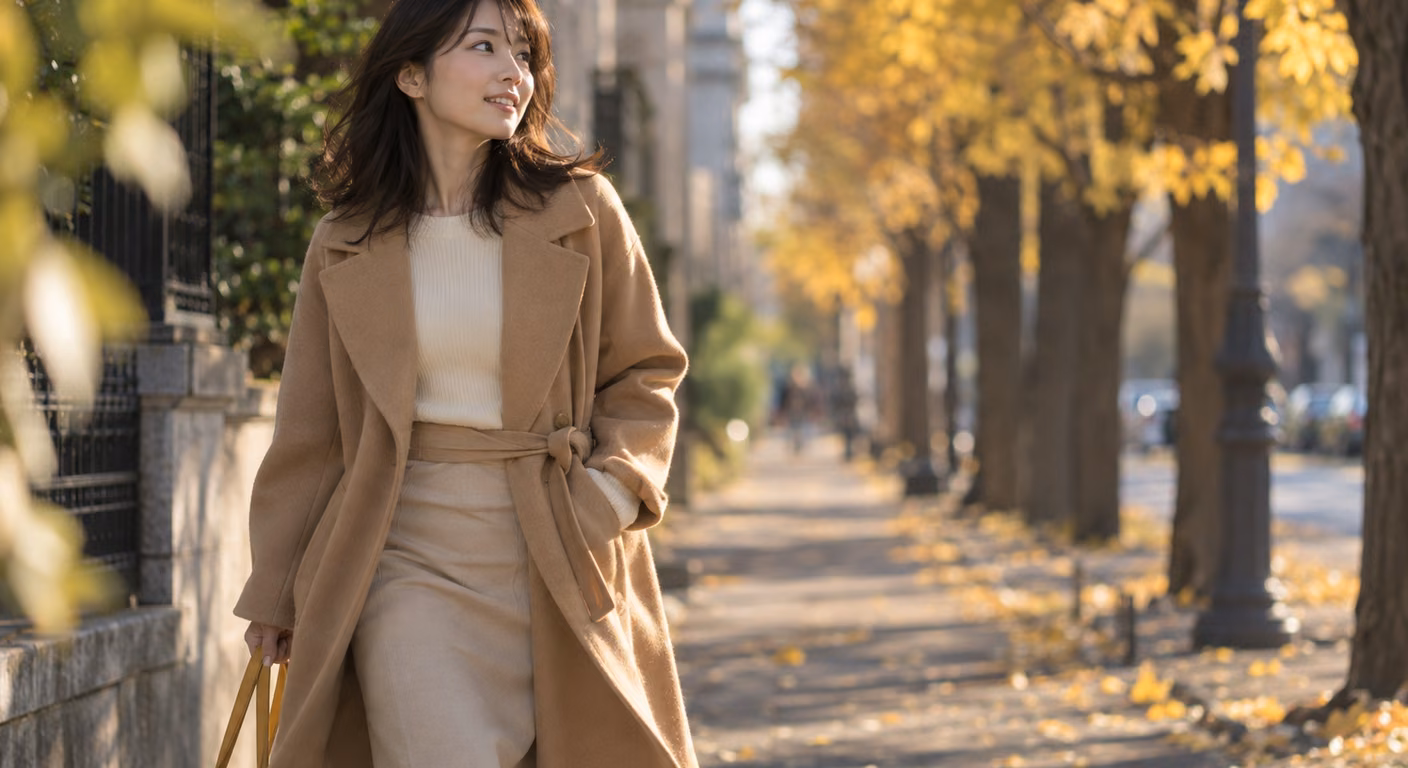 膝上丈でウエストをベルトで絞ったキャメルのコートを着た暗い髪の女性が、色づいた街路樹の道を歩いている
