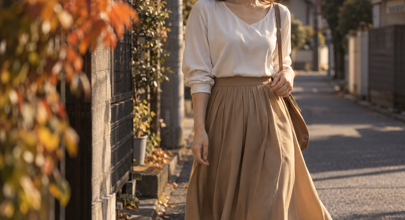 鎖骨から膝までの女性。首元に飾りのない生成りのとろみブラウスに、腰から下で揺れるキャメルのギャザースカートを合わせ、秋の住宅街を歩いている