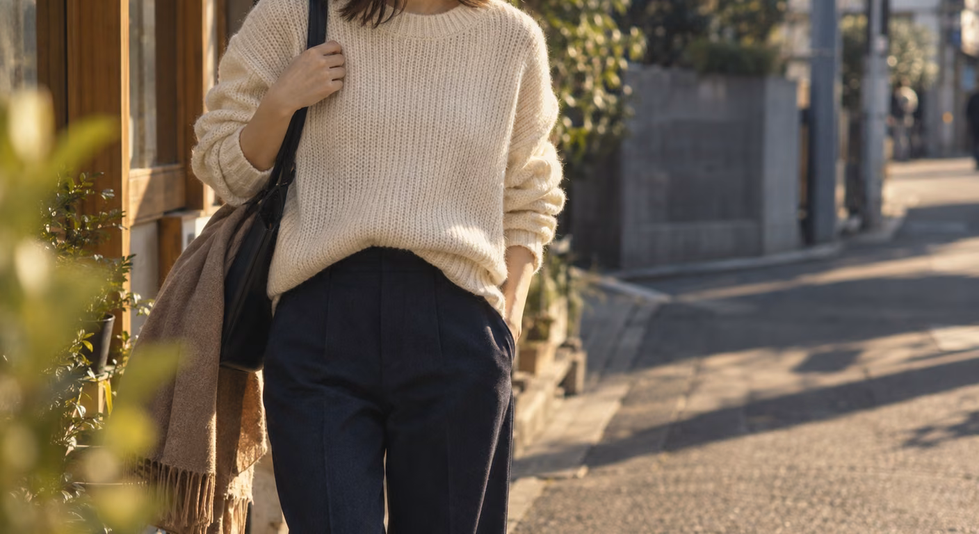 紺のウールパンツにアイボリーの厚手ニットを合わせた女性の、鎖骨から膝までの着こなし
