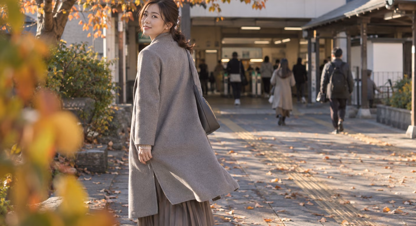 膝下まであるグレーのウールコートを着た女性が、紅葉の始まった駅前の歩道で振り返っている
