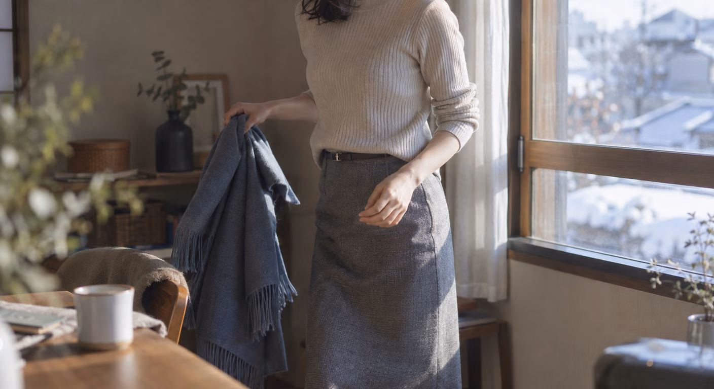 薄手のニットを前だけ入れて細いベルトを締め、膝にかかるハリのあるウールのスカートを合わせた女性の首元から膝まで
