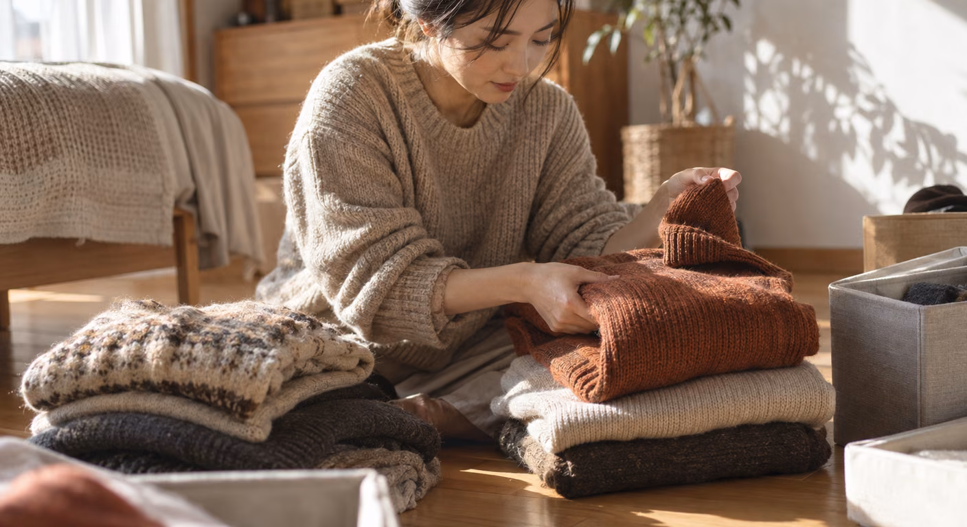 衣替えの日、床に座った女性が赤茶のニットの袖をつまんで素材を確かめ、秋冬のニットを2つの山に分けている。端にふたを開けた収納箱