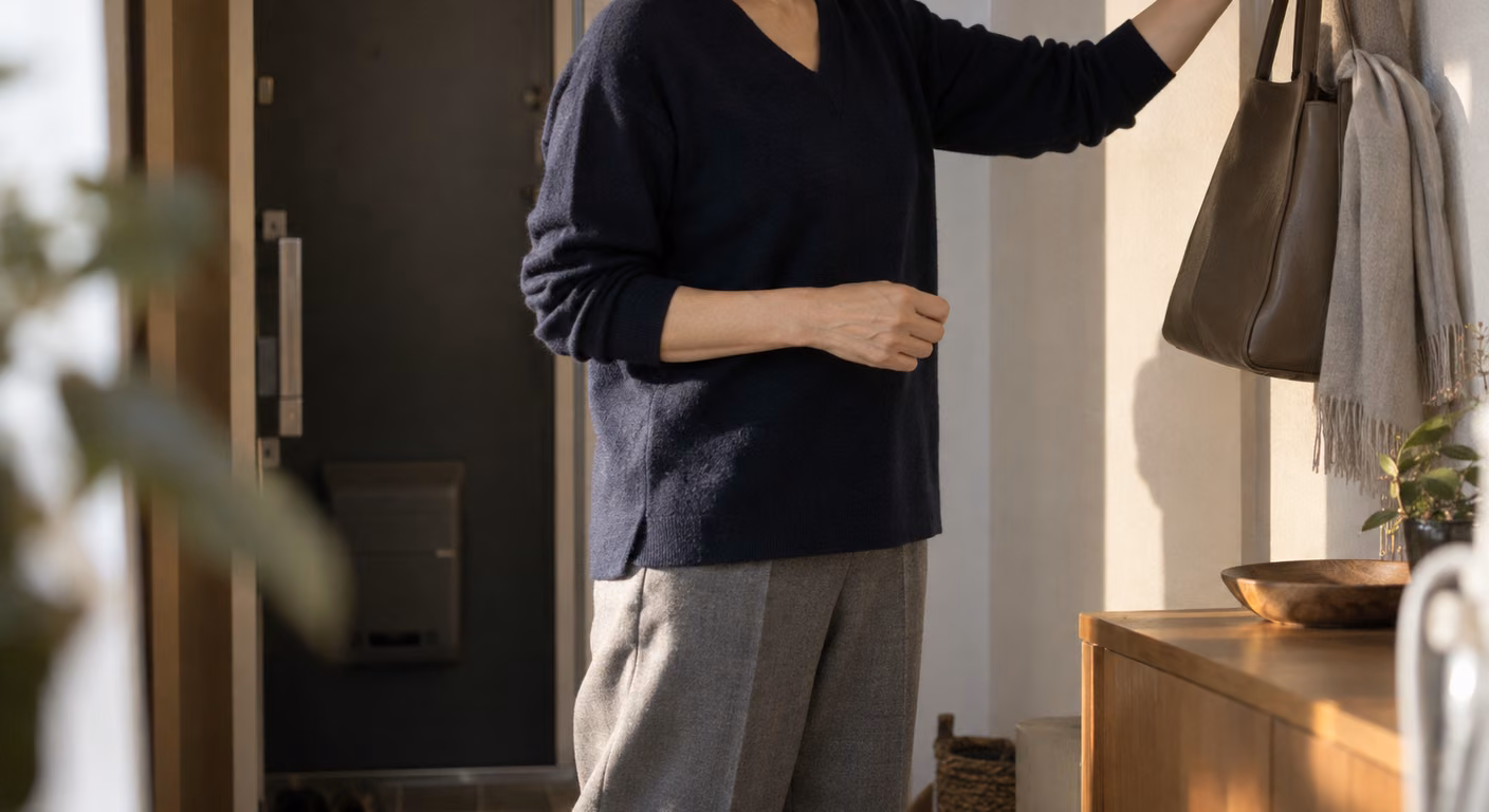 紺の細かい編みのVネックニットにまっすぐな灰色のパンツを合わせた女性の、鎖骨から膝までの着姿