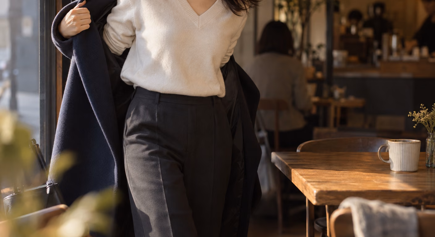 冷えた通りから暖かい店内に入り、肩線の合った紺のウールコートを脱いで、生成りのVネックの薄手ニットが見えた女性の上半身
