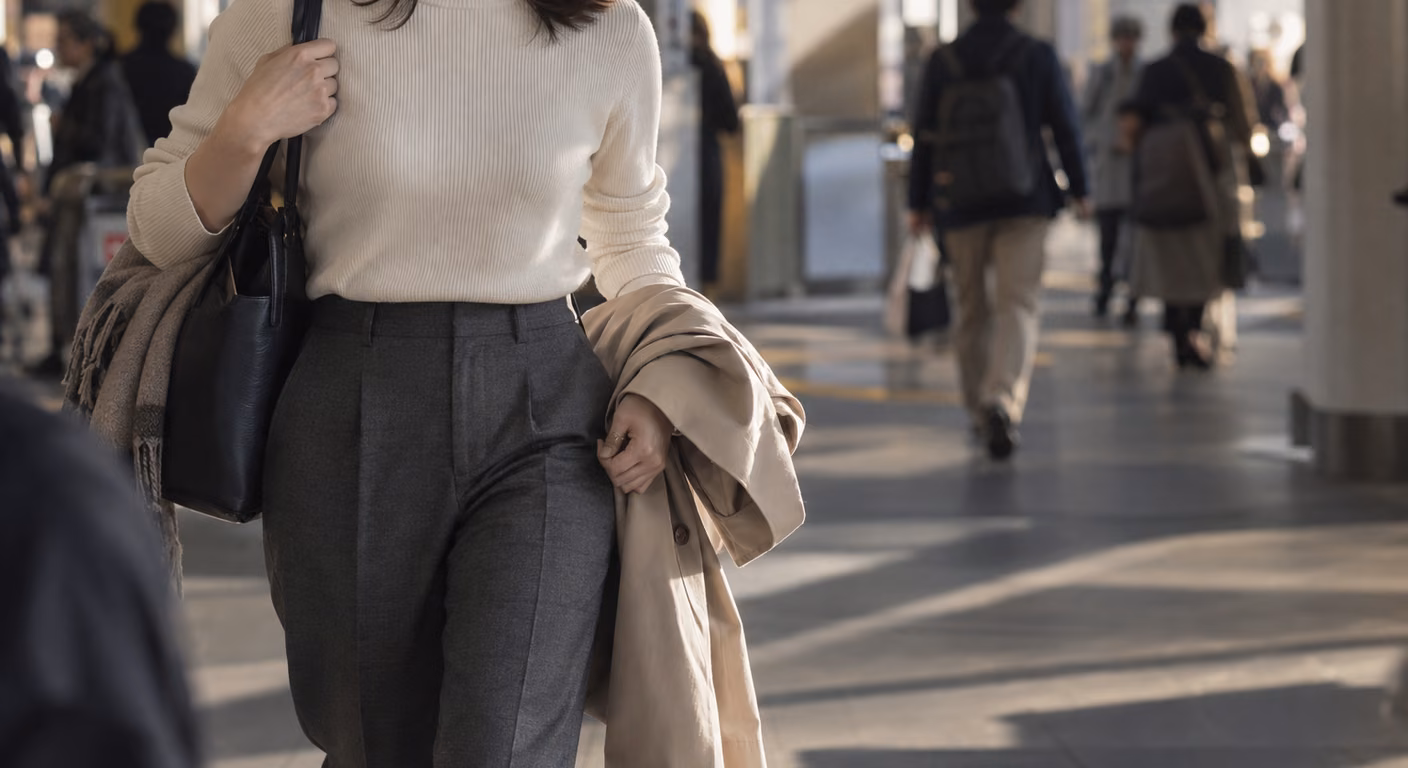 チャコールグレーのセンタープレスのスラックスを履いた女性の腰から膝までが、駅の構内を歩く途中で写っている