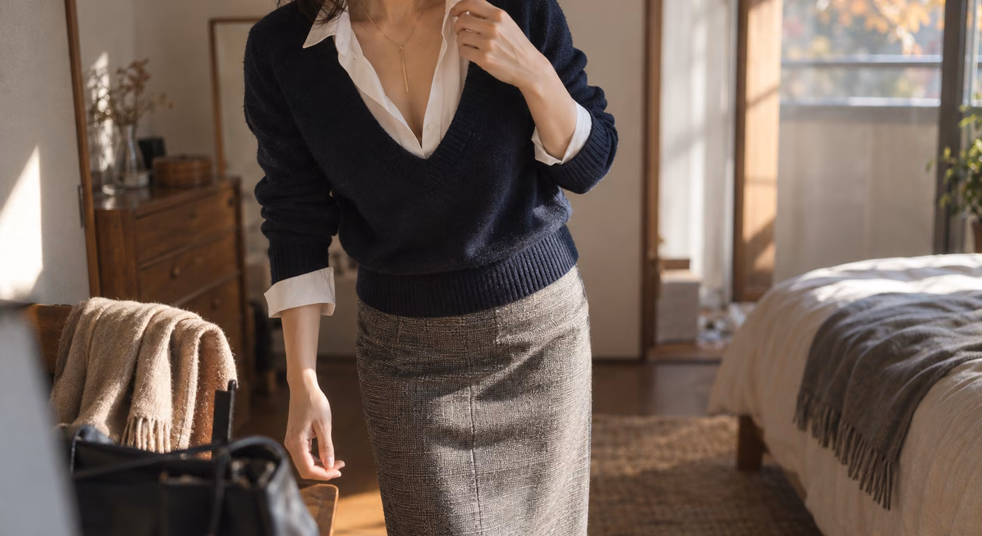 深いVネックのネイビーのニットに白いシャツの襟を開いてのぞかせ、細く長いネックレスを下げた女性の、首元から腰までの姿