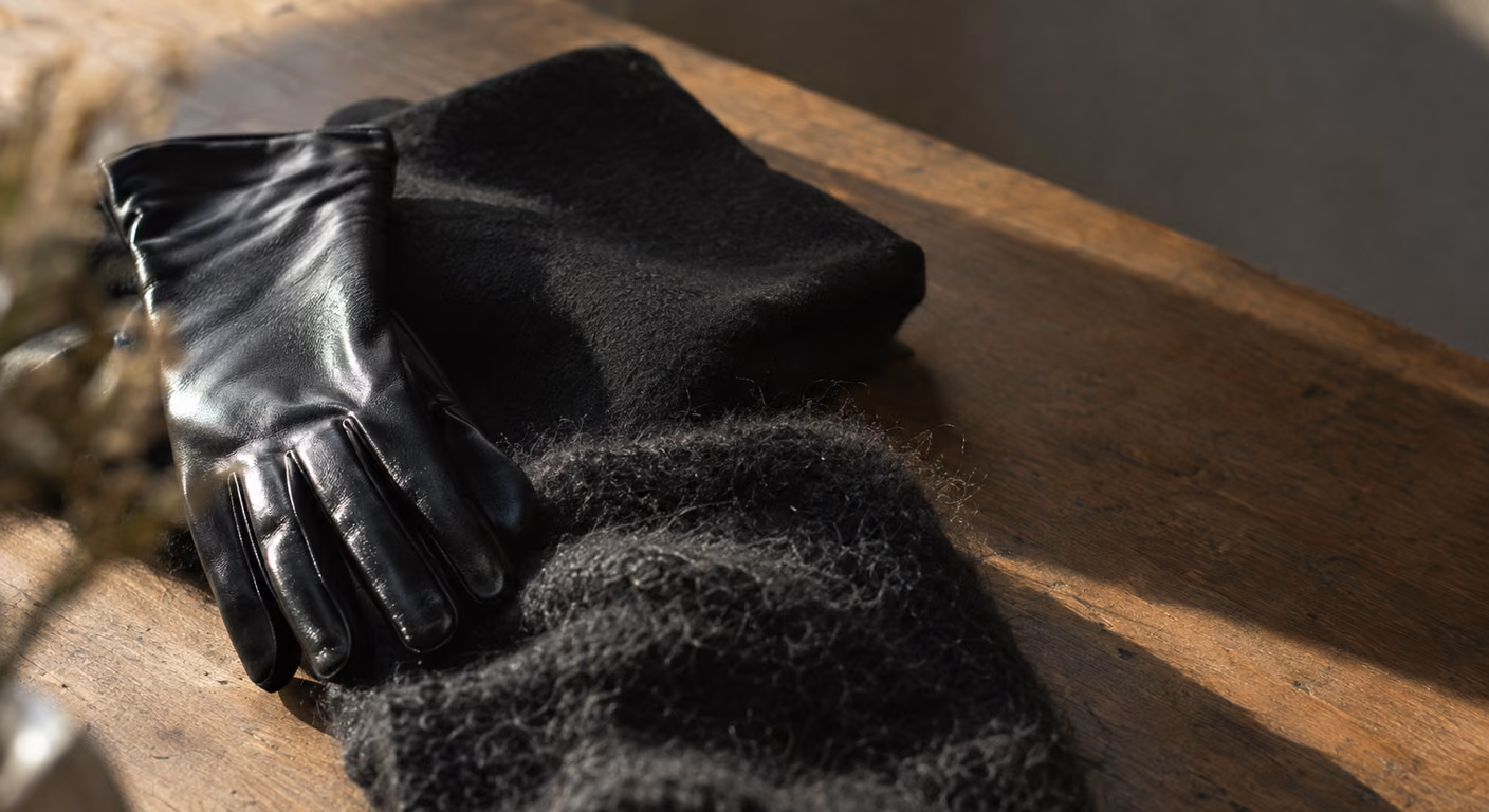 低い窓の光が差す木の机の上に、艶のある黒い革の手袋、マットな黒のウール、毛足のある黒いモヘアのニットが重なって置かれ、それぞれ光の返り方が違って見える