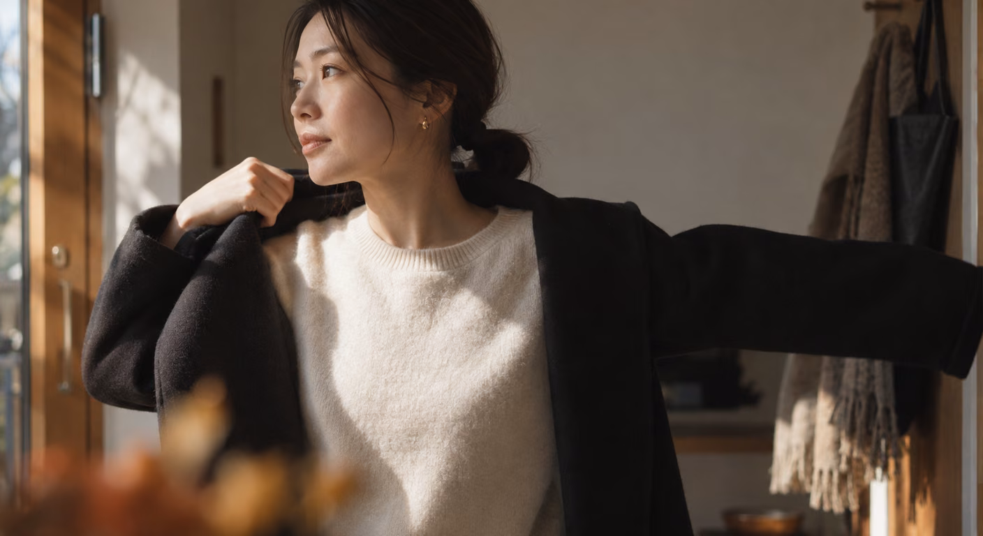 玄関の窓辺で黒いウールのコートに袖を通している女性の上半身。前を開けたコートの中に生成りの起毛ニットを着て、髪を低い位置でまとめ、耳に小さな金色のイヤリングをつけている