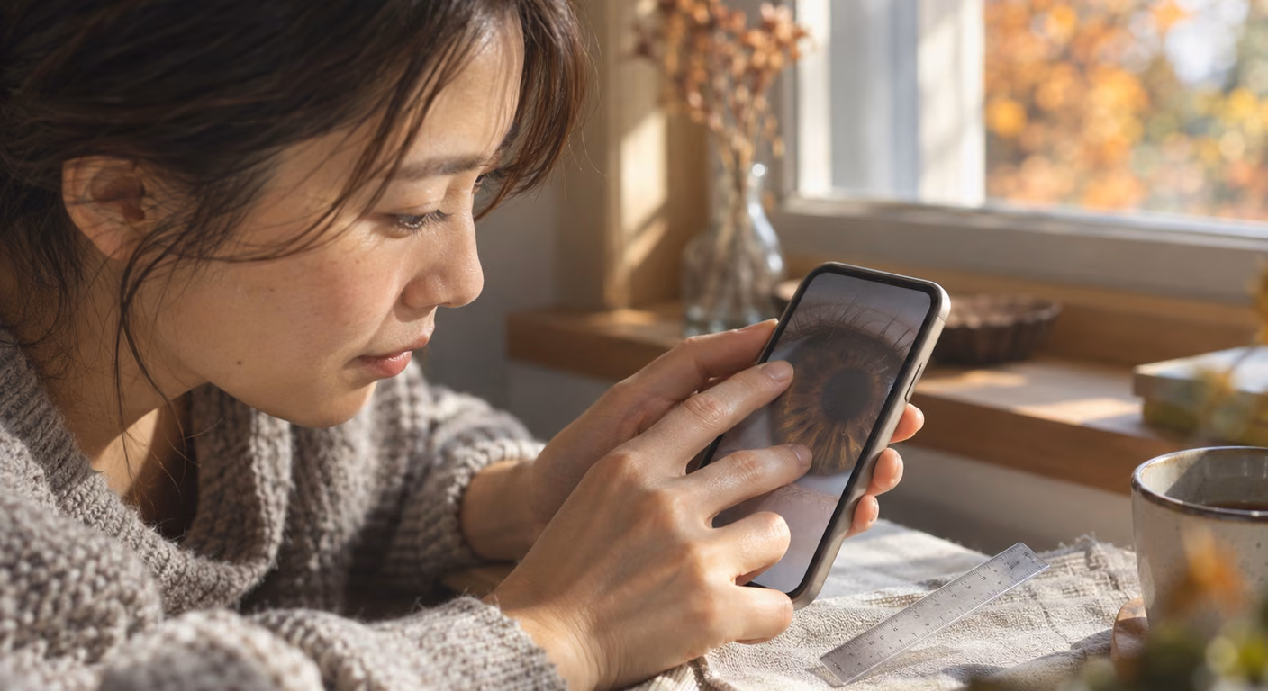 秋の窓辺で、女性がスマートフォンの画面に拡大した目の写真を指で広げて見ていて、机の上には定規が置かれている
