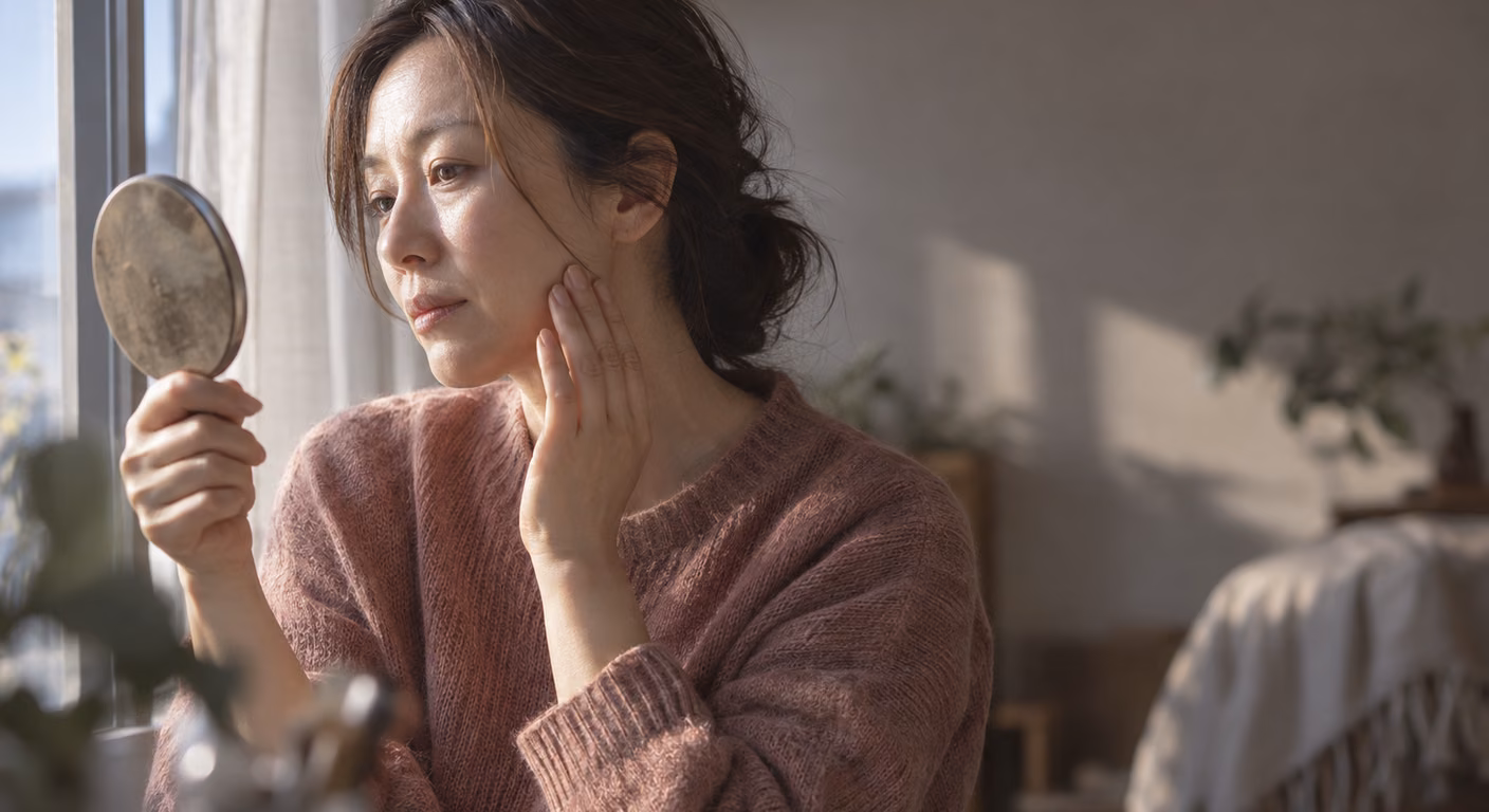 窓辺で、くすんだ薄紅色のニットをあごの下に当て、手鏡で顔色を確かめている女性