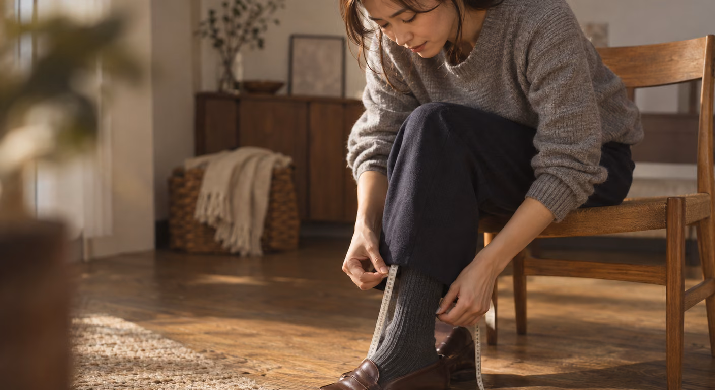 木の椅子に座った女性が、座って上がった紺のウールパンツの裾から足首までをメジャーで測っている。グレーのリブのクルー丈の靴下と茶色の革のローファーが見えている