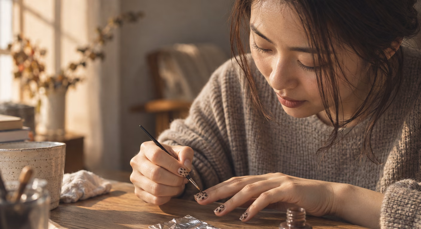 細い筆で爪に茶色の斑点を描いている手元。ベージュの地に、黒の縁で囲んだ斑点が並んでいる