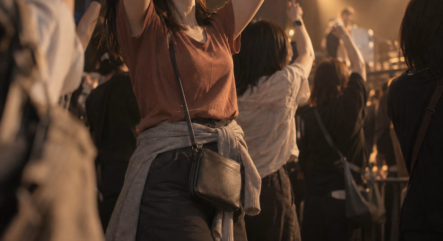 ライブ会場の客席で両腕を上げた女性の、首元から腰までの姿。テラコッタ色の半袖Tシャツを濃い色のパンツに入れ、グレーのカーディガンを腰に巻き、小さな斜め掛けの鞄を体の前に下げている