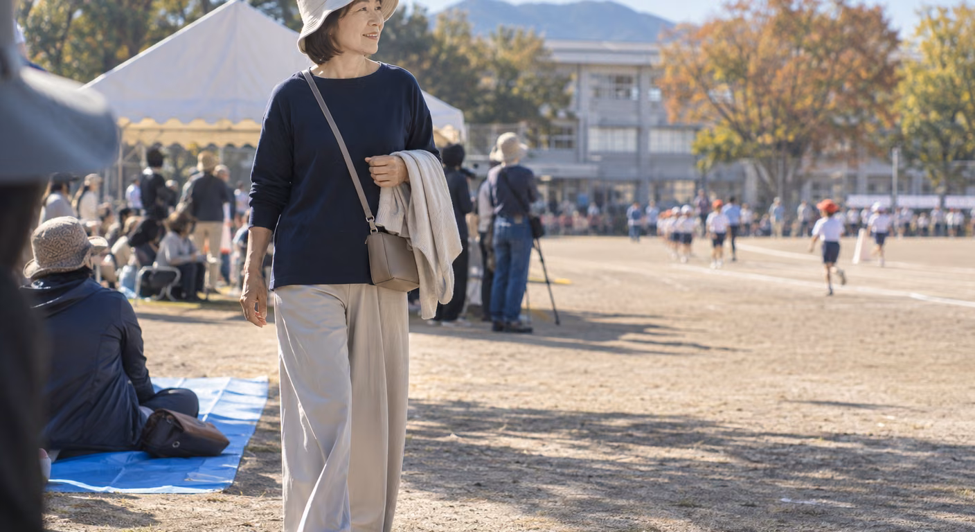秋の小学校の校庭で、白い帽子に紺の長袖、ベージュのワイドパンツに斜め掛けのバッグの女性が、薄手の羽織りを腕に掛けて観覧席の横を歩いている