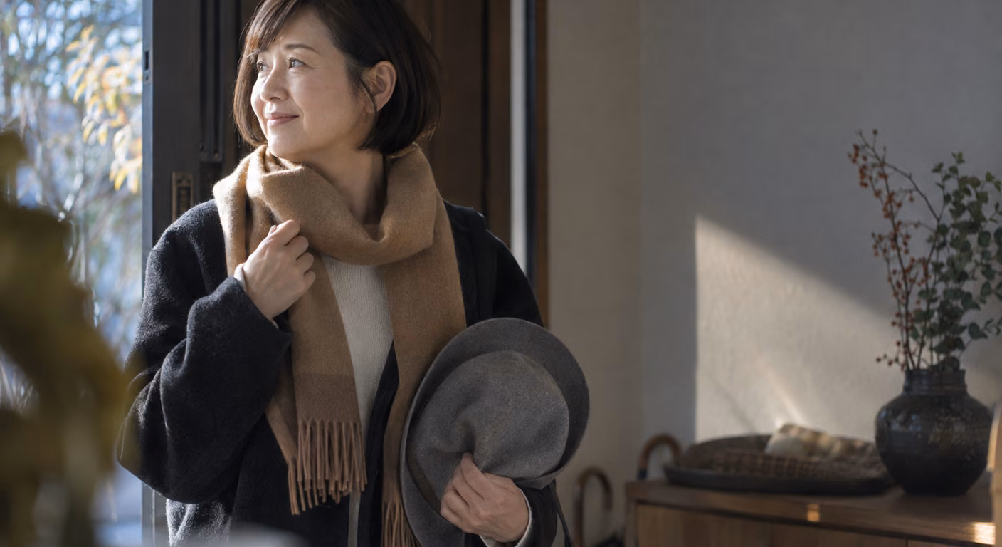 あご下で切りそろえたボブに斜めに流した前髪の50代の女性が、冬の玄関先でキャメルのマフラーを前で垂らすように巻きながら、フェルトの帽子を手に持っている上半身