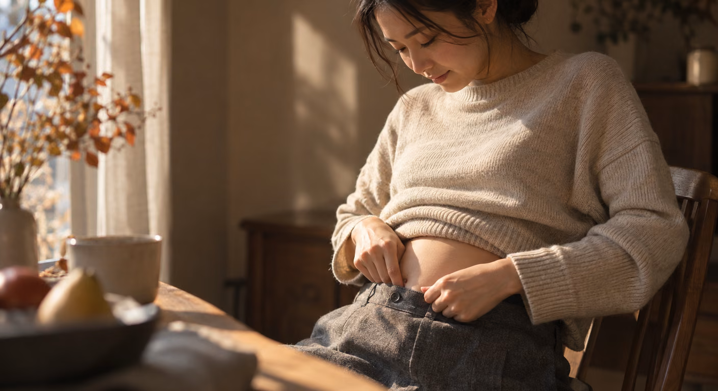 椅子に腰掛けた女性が、少しふくらんだお腹とグレーのウールパンツのウエストのあいだに指を差し入れて、ゆとりを確かめている手元