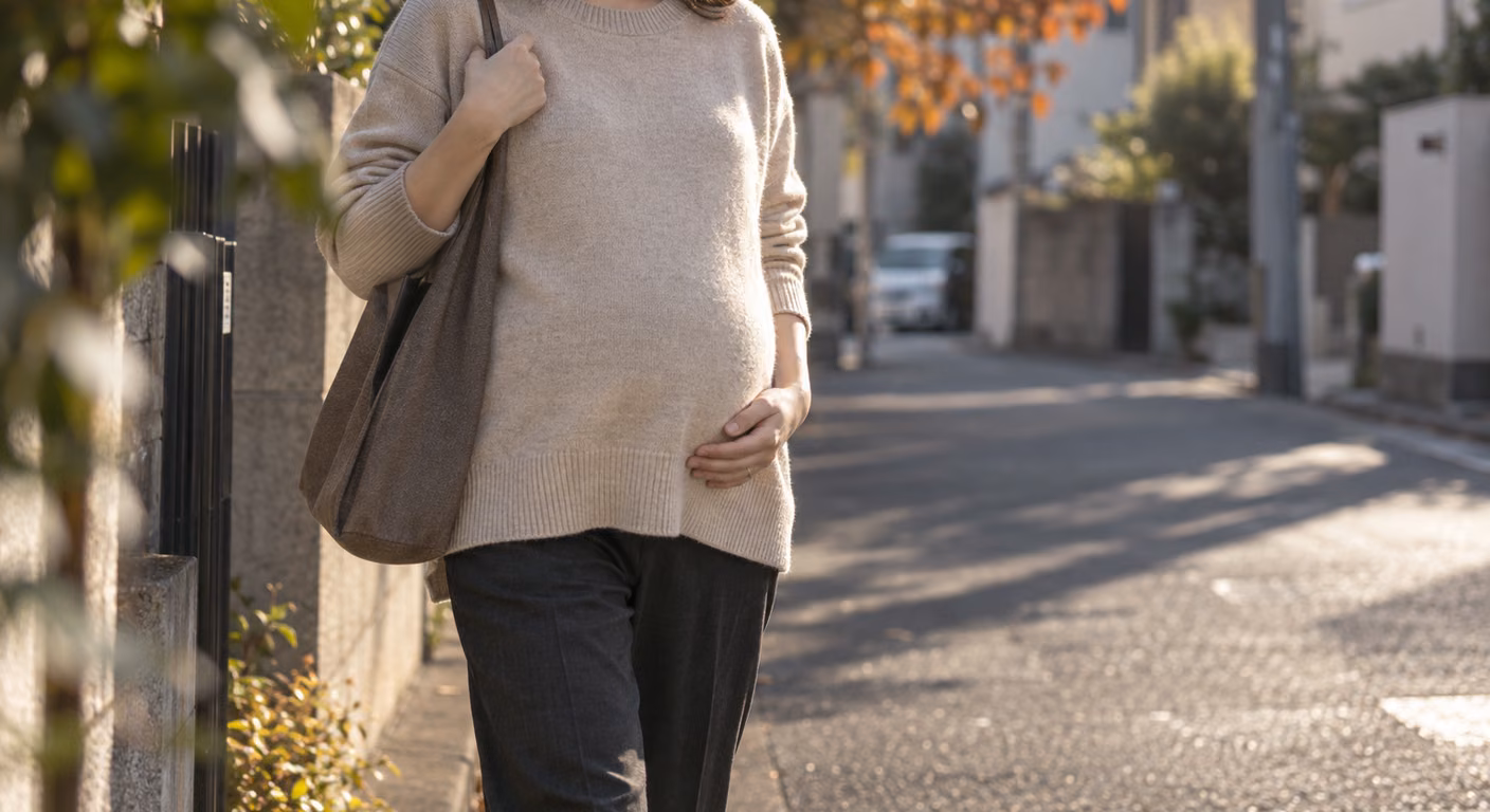妊娠中期の女性が、お腹の前で裾が水平に落ちる長めのオートミール色のニットに濃い色のパンツを合わせ、秋の住宅街を歩いている首から膝までの姿