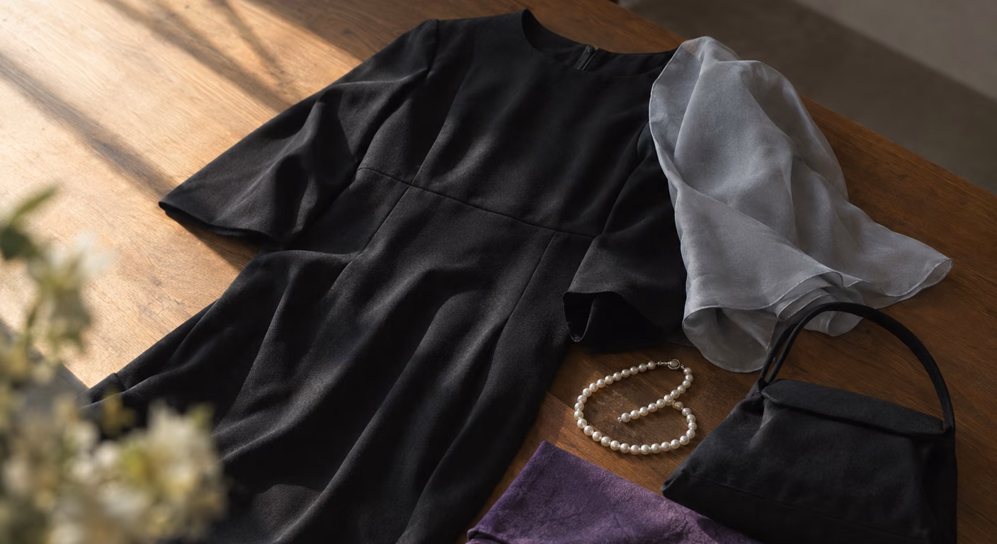 木の机に広げた、胸の下に切替のある艶のない黒の礼服。そばに一連の真珠のネックレス、黒い布の手提げ、紫の袱紗、薄いグレーの透けるボレロが置かれている