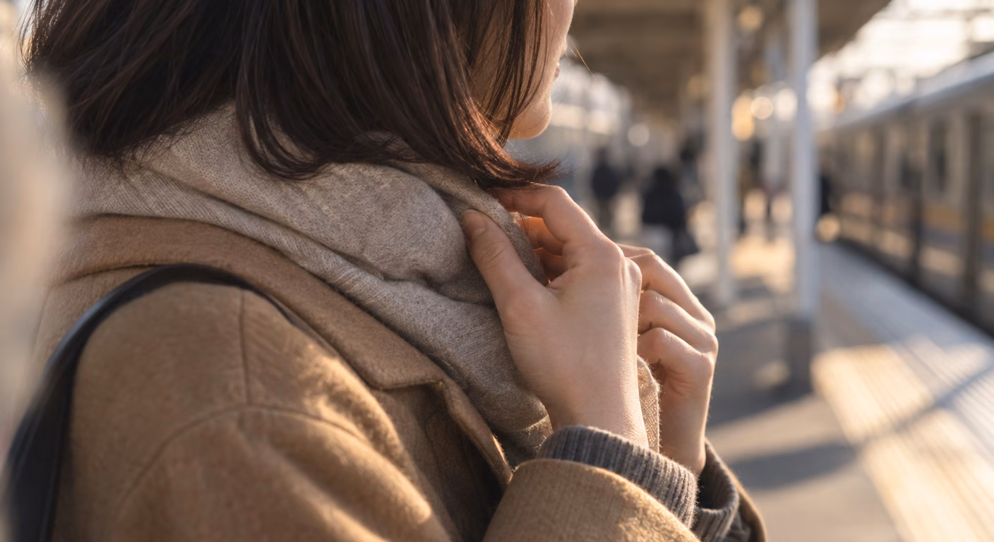 あごと肩のあいだで毛先が止まる濃い茶色のミディアムボブの女性が、首の低い位置に巻いた薄い灰色のマフラーの上に指で毛先を出している、キャメルのコートを着た冬の駅のホームでの首元と手元