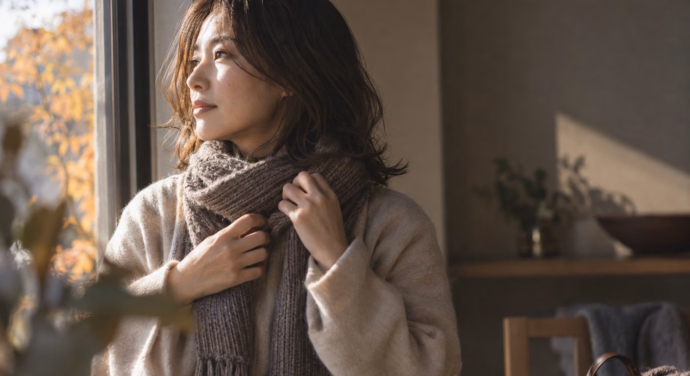 窓辺で横を向いた女性が、頬の高さから波打つ肩までのゆるいパーマの髪をマフラーの外に出している横顔