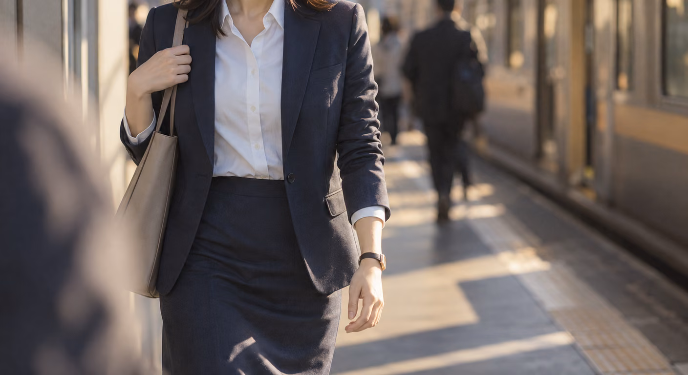 紺の上着の前を開けた女性の胸元で、白いシャツの襟が上着の襟の内側に収まっている様子を鎖骨から腰まで写した場面