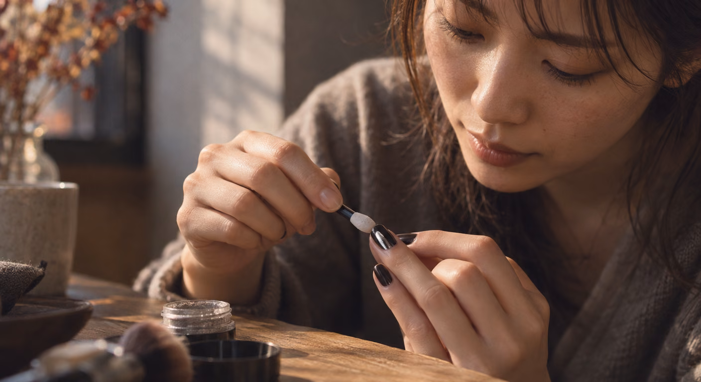 黒く塗った爪にシリコンの道具で銀色の粉をこすり込み、爪の中央に光の帯が出ている指先