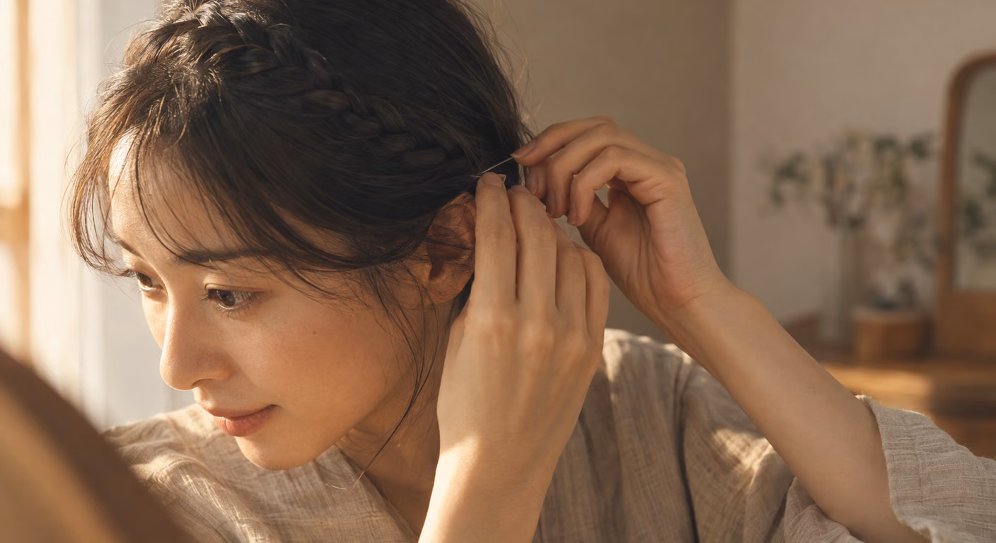 自分の髪で編んだ三つ編みを頭の上に渡し、耳の後ろでピンを刺している女性の手元