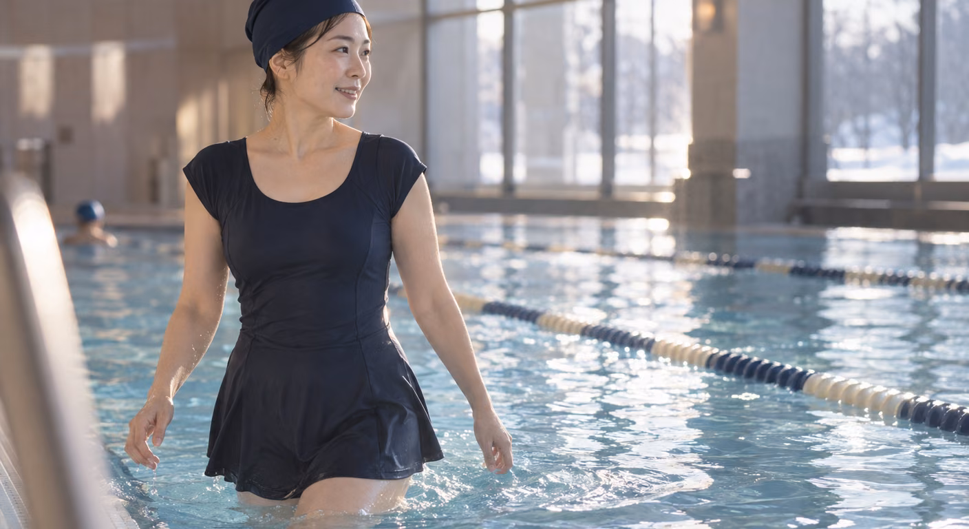 水着の上から着るワンピース｜冬の水中ウォーキングは施設の決まりから