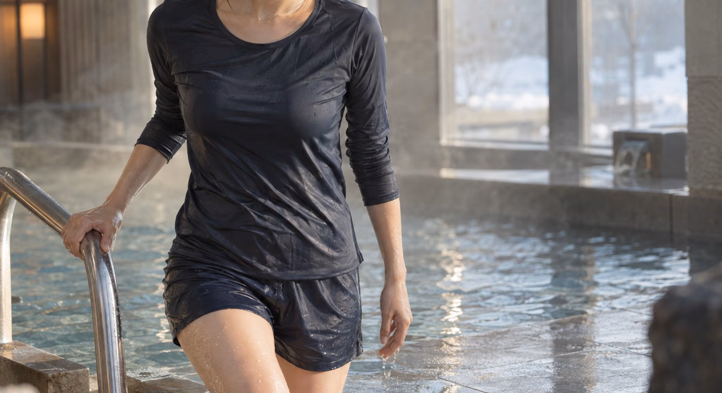冬の屋内の温水プールで、金具のない紺の長袖の水着用上衣と水着用のショートパンツを着た女性が、水から上がる瞬間の胸から膝まで